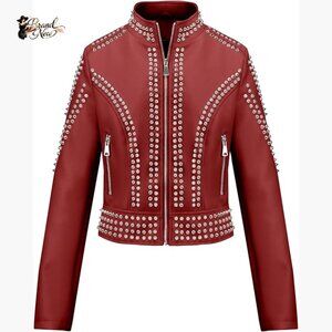 Faux Leather Moto Biker Jacket with Studded Floral Pattern